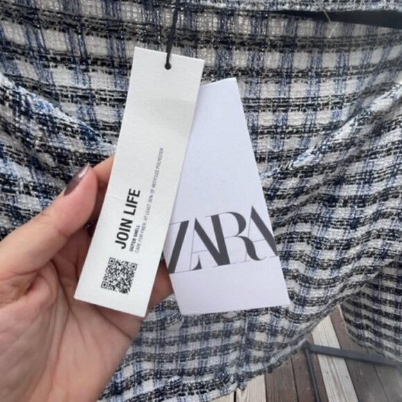 ZARA Women's Textured Off Shoulder Cropped Top Jacket Blue White Plaid Sz Large - Picture 8 of 12